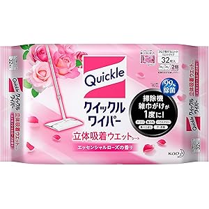 【大容量】クイックルワイパー フロア用掃除道具 立体吸着ウエットシート ローズの香り 32枚