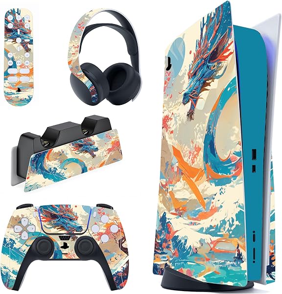 PlayVital ps5コンソール本体(ディスクバージョン)に対応用ステッカーシール、ps5コントローラー&ヘッドセット&リモコン&充電ステーションに対応するステッカービニールシール【ドラゴンの楽園】 - 1