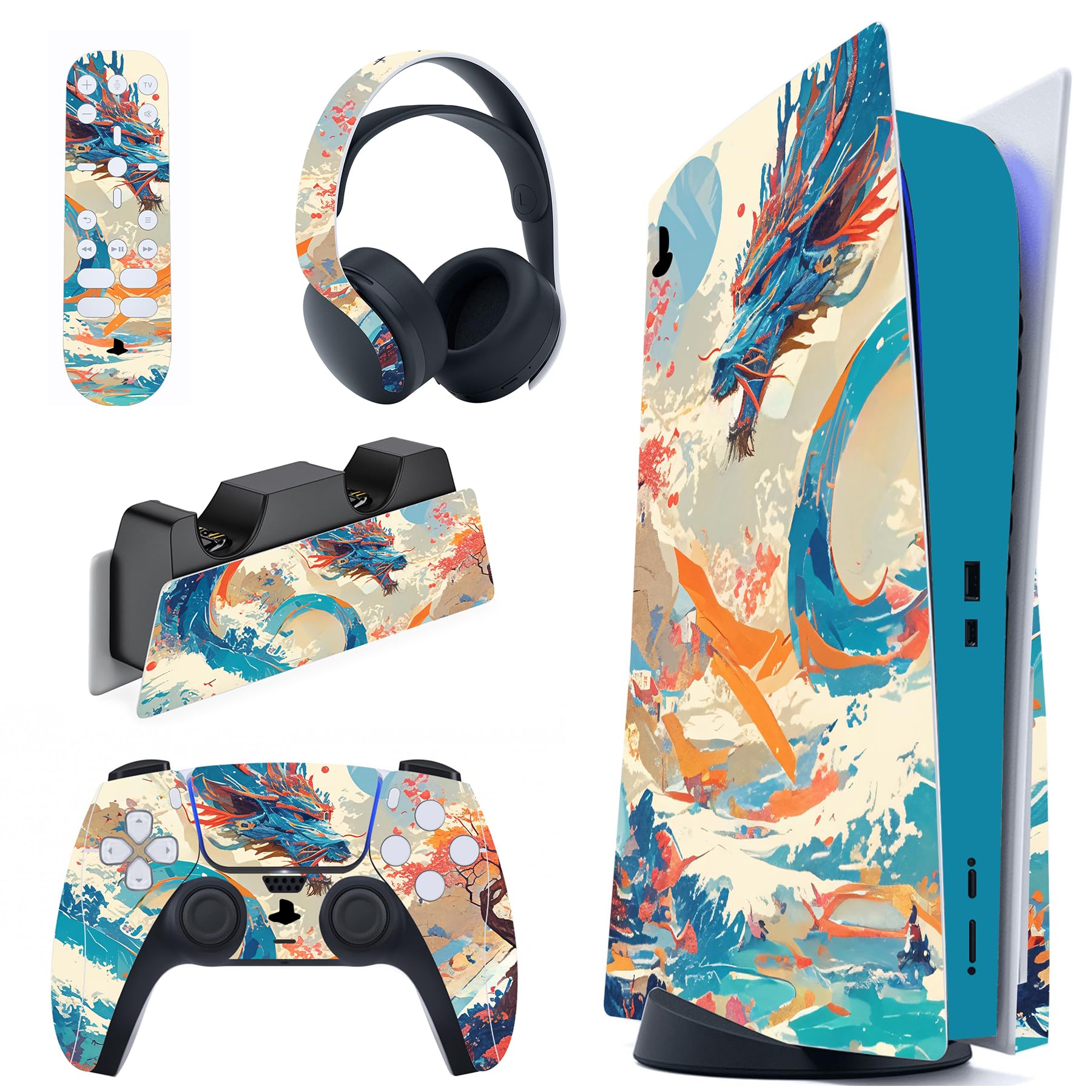 PlayVital ps5コンソール本体（ディスクバージョン）に対応用ステッカーシール、ps5コントローラー＆ヘッドセット＆リモコン&充電ステーションに対応するステッカービニールシール【ドラゴンの楽園】 - 1