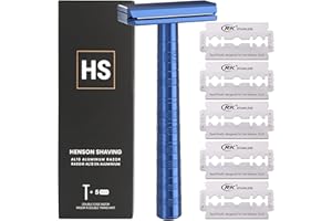 Henson Shaving Razor - Steel Blue Double Edge Safety Razor with 5 Spare Blades - 30° Angled Precision With Superior Blade Rig