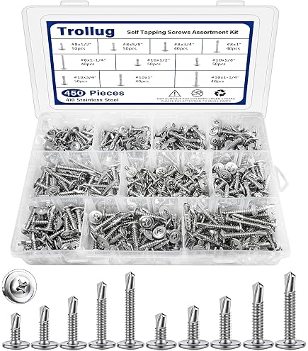 SATANTECH 410 Stainless Steel Self Drilling Screws Assortment Kit - 370 Pcs, #8 #10 #14 Hex Washer Head