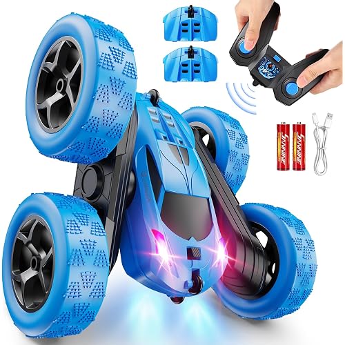 QUNREDA Remote Control Car, RC Cars Toys for Kids Ages 6-12, 4WD Stunt Car with LED Lights & 360° Flips, 2.4GHz, Upgraded USB