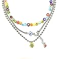 Y2k Necklace Layered Colorful Beaded Necklace Y2K Bead Choker Necklaces with Flower Pendant Indie Jewelry for Teen Girls Woma