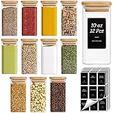ComSaf Glass Spice Jars with Labels 10 oz 12 Pack Large Square Bamboo Lids | Borosilicate, Empty Containers, Seasoning Herbs 
