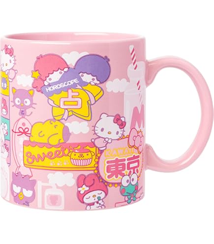 Silver Buffalo Sanrio Hello Kitty and Friends - Tazza in ceramica con Badtz- Maru, My Melody, Cinnamoroll, Pompompurin, Tuxedo Sam, Keroppi e Chococat Rainbow Jumbo, 750 ml