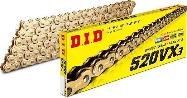 D.I.D (Daido) Motorcycle Chain with Riveted Joint, 520VX3-108ZB G&G (Gold) X-Ring for Two-Wheeled Motorcycles 321655 - 1