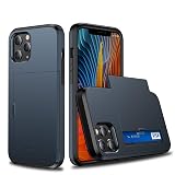 【SUMart】iPhone 12 用 ケース iPhone 12 Pro 用 ケース カード収納 スライド式 カードホルダー 耐衝撃 デュアルレイヤー ハイブリッド ウォレットケース ハード カバー (iPhone 12/12Pro 6.1インチ, ネイビー)