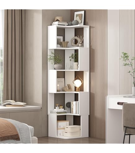 Amazon｜Timechee 本棚 6段 木製 幅90×奥行60×高さ208cm コーナー棚 大