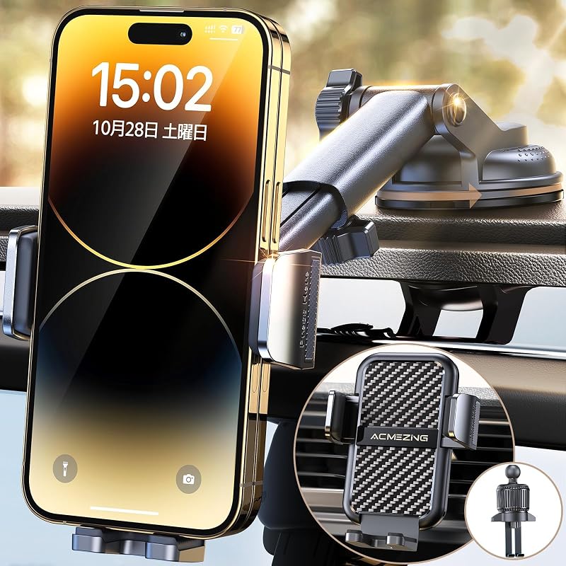 スマホホルダー 車 ACMEZING スマホスタンド【最強の360°回転ベース&進化二重フック】車載 超強力真空吸盤 カー用品 携帯ホルダー 安定性アップ 背面ボタン 片手操作 車用品 携帯スタンド 自由調節 車用 エアコン 吹き出し口 取付け簡単 iPhone/Android4-7インチ多機種と多車種が対応