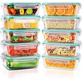 Feshory 10 Pack 1040ml Large Glass Food Storage Containers with Vented Lids | Leakproof, Easy Lock Meal Prep Container, BPA F