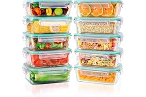 Feshory 10 Pack Large Airtight Glass Food Storage Containers with Plastic Lids (1040ML/35Oz) - Glass Meal Prep Food Containers, Lunch Box for Kitchen Storage & Organisation