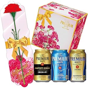 【Amazon限定ブランド 】母の日 カーネーション付き ザ・プレミアム・モルツ 3種アソート 花柄 ビールギフト [ 350ml×9本 ] [ギフトBox入り]