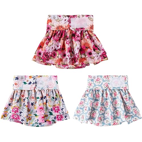 CuteBone Female Dog Diapers with Skirts 3 Pack Reusable Puppy Dresses Pants for Heat Cycle Period QBD03L-AU