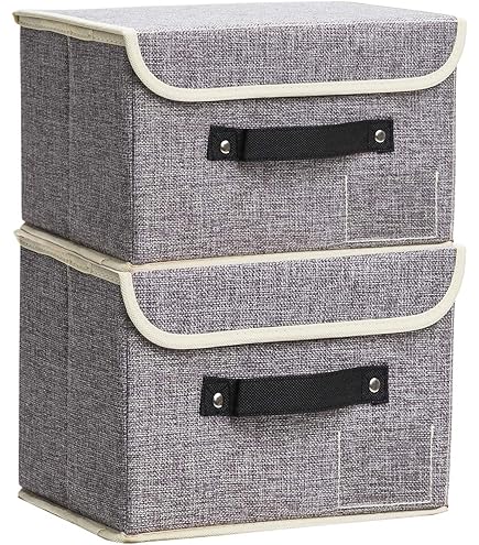 Onlyeasy Foldable Storage Bins With Lids - 2 Pack, 13x13 Inch, Black Fabric Cubes With Leather Handles For Closet & Bedroom