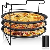SIMTWO Pizza Tray Set of 3 with Folding Rack, Non-Stick Pizza Pans for Oven, 11inch/28cm Round Pizza Baking Tray