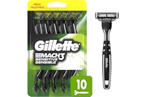 Gillette Mach3 Sensitive Razors for Men, Men’s Disposable Razors, Pivoting Head for Close and Comfortable Shave, 10 Count