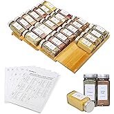 KitHero Spice Rack Organiser with 24 Spice Jars,216 Spice Labels with 50 Non-slip Rubber,Bamboo Spice Drawer Organiser Season