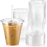 12オンス 透明プラスチックカップ 蓋付き BPAフリー アイスコールドドリンク用 コーヒー ティー ジュース スムージー バブルボバ フラップチーノ 使い捨て 割れにくい 12 oz - 50 Pack クリア FAF300382