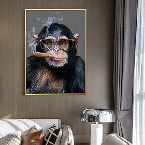 Amazon Co Jp 現代美術の装飾キャンバス絵画動物のポスターチンパンジー猿喫煙葉巻壁アート画像ホームリビングルームの装飾70x100cmフレームレス ホーム キッチン