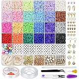 6000 PCS Clay Beads for Bracelet Making,24 Colors 6mm Flat Round Polymer Clay Beads with Pendant Charms Kit Letter Beads and 