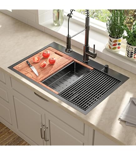 33 Drop In Black Workstation Kitchen Sink, VAPSINT 33x22 Inch Drop In Gunmetal Black Stainless Steel Kitchen Sink, Topmount Single Bowl Handmade Farmhouse Sinks With Accessories - View #8