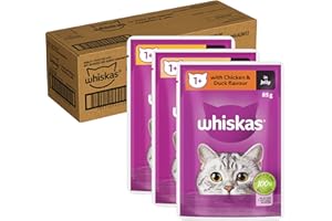 WHISKAS 1+ Years Wet Cat Food with Chicken Favourites in Jelly 85g Pouch, 60 Pack
