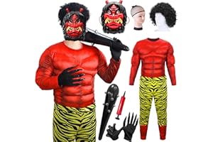 [BAFUEVD] 節分 鬼 衣装 コスプレ 鬼コスプレ 自然な立体 豪華7点セット 筋肉 赤鬼 青鬼 仮装 鬼【全身コスチューム+鬼のお面+鬼爪グローブ+ウィッグ+ウィッグネット+ビニールこん棒+空気入れ】青鬼 赤鬼 鬼衣装 豆まき おに 節分 演