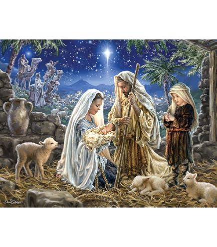 Dowdle Folk Art Nativity 500 Piece Jigsaw Puzzle - Made In USA Christmas Scene Puzzle With Collectors Box