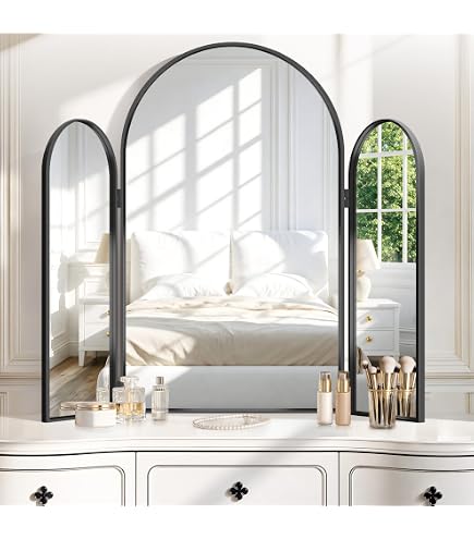 gold ornate arched triple dressing table mirror Trifold Vanity Mirrors 3 Way,Gold Entryway/Fireplace/Li(A80*60cm): Wall-Mounted Mirrors Collections_Accessories