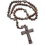 Nazareth Store Our Father 聖なる木製ビーズロザリオネックレス ハンドメイド ソリッドカトリックロザリオ 聖母マリアメダル&聖霊クロス ベルベットバッグ