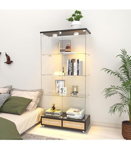 Amazon.co.jp: LED照明＆引き出し付き ガラスディスプレイキャビネット