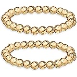 HZEYN Gold Beaded Bracelets for Women Stackable 14K Gold Plated Brass Bead Ball Stretch Bracelet Bangle for Women Men 10mm 8m