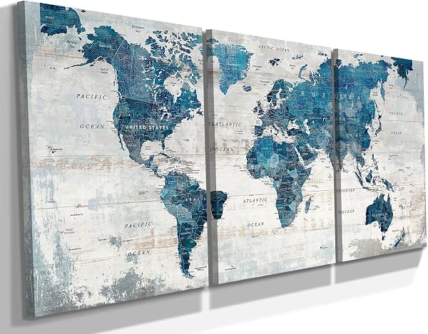 World Map Art Panel Poster Painting Art Wall Hanging Blue and White Interior Canvas Art Modern Wall Decor 50x70cmx3pcs - 1