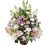 お供え お悔やみ 法要 四十九日 お盆 生花 お彼岸 お見舞い フラワーアレンジメント LLサイズ ユリ 入り (白＋ピンク系)