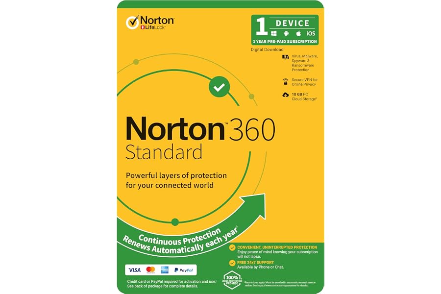 Norton 360 Standard 10GB 1 User 1 Device PC MAC Android iOS DVD VPN Parental Controls Attach OEM Edition Security Software