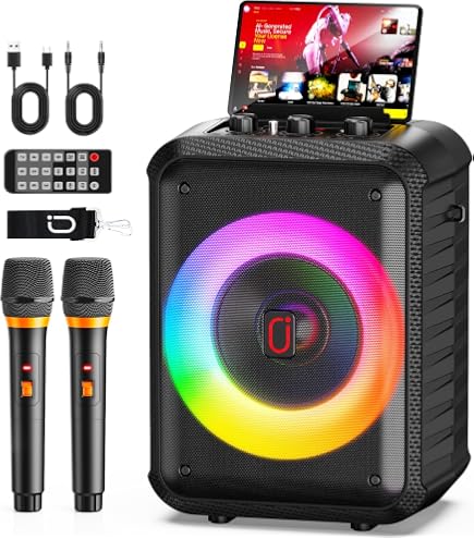 Amazon | カラオケスピーカー ワイヤレスマイク2本付き ポータブル