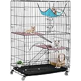 Shinyever 猫 ケージ 2段 大型 キャットケージ 長さ76cm*幅50㎝*高さ110cm 猫用ゲージ 猫ケージ 3つのドア ハンモック付き キャスター付き 掃除しやすい 折りたたみ 簡単組み立て 工具不要 トレー付き 梯子付き (長さ76c