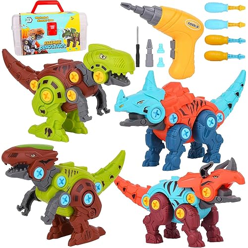 4 Pack Dinosaur Toys for Kids, Take Apart Dinosaur Toy with Electric Drill & 4 Hand Drill Tool, Building STEM Toy Christmas B