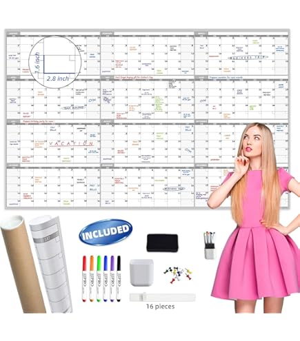 Large Wall Calendar Undated - Three Monthly Dry Erase Reusable Wall Planner, Giant Laminated Poster, Target And Task Organizer For Home, Office