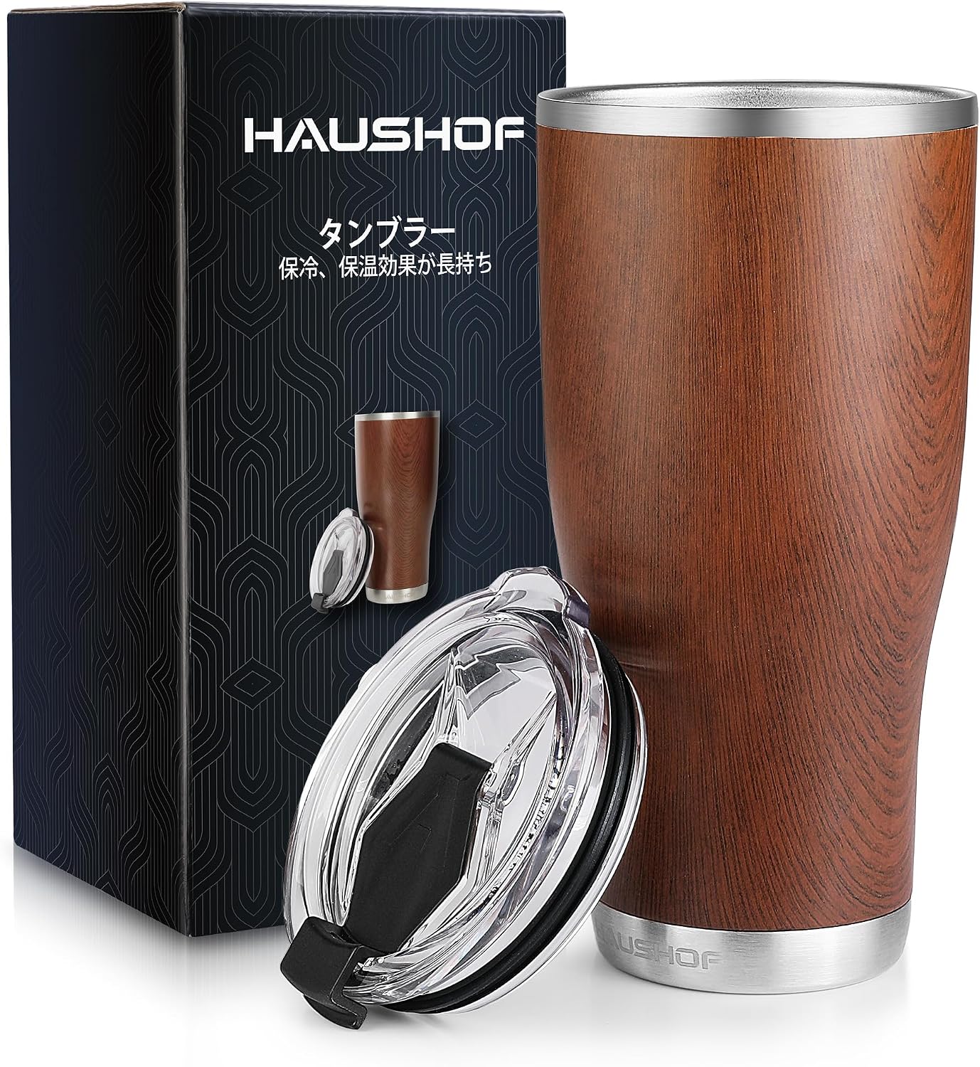 HAUSHOF タンブラー 蓋付き 600ml 車用タンブラー コーヒーカップ 水筒 マグボトル ステンレス 二重構造 真空断熱 大容量 保温保冷 直飲み アウトドア用 釣り 遠足 登山 キャンプ オフィス ビール コーヒー 直接ドリップ 木目調