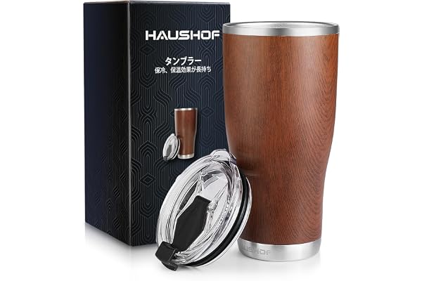 HAUSHOF タンブラー 蓋付き 600ml 車用タンブラー コーヒーカップ 水筒 マグボトル ステンレス 二重構造 真空断熱 大容量 保温保冷 直飲み アウトドア用 釣り 遠足 登山 キャンプ オフィス ビール コーヒー 直接ドリップ 木目調