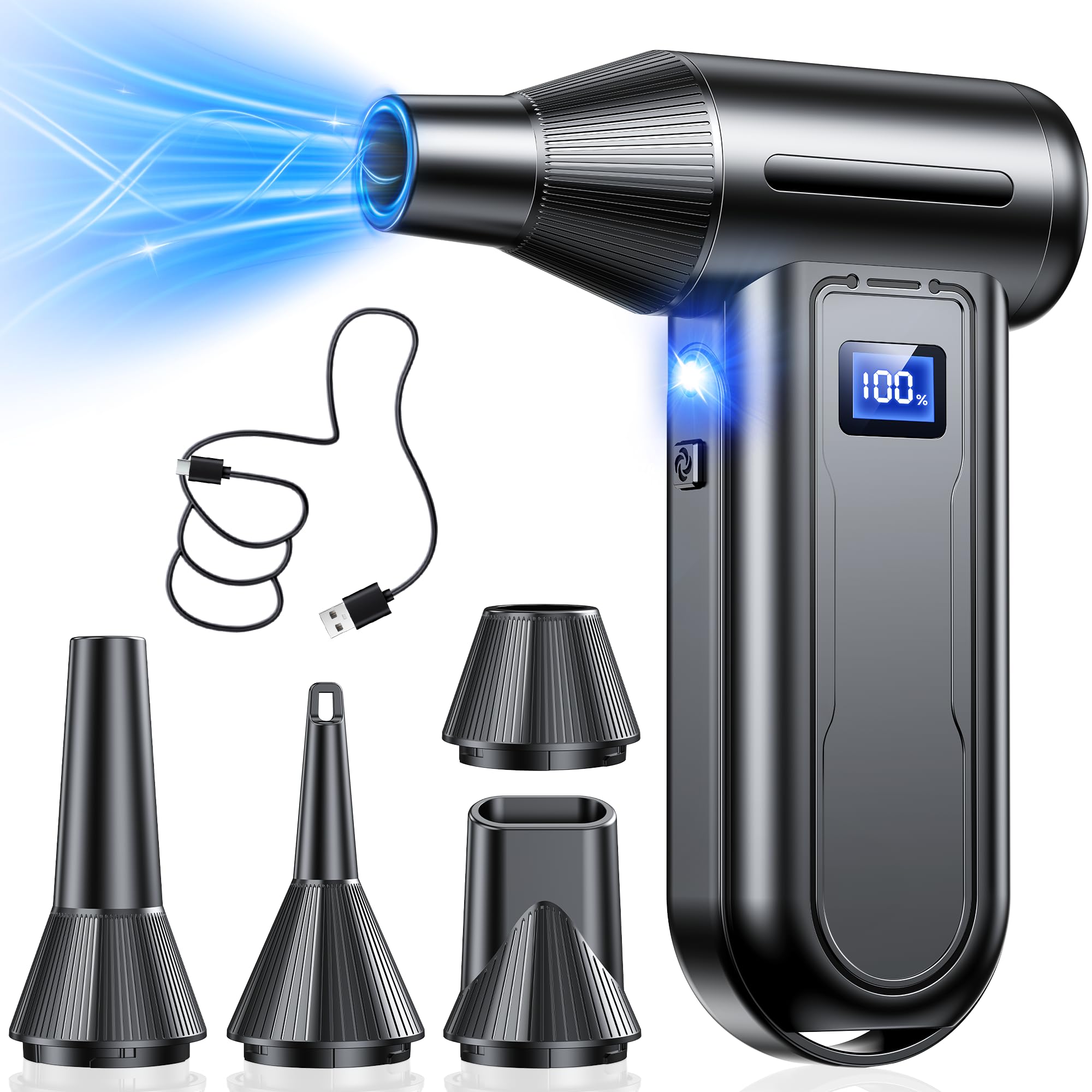 エアダスター 電動エアダスター 強力ブロワー【150m/s驚異風速· 一撃清掃 · LEDライト付き】300000RPM高速回転 | 4段階風量調整 5種類ノズル付き 洗車 小型 軽量 コードレス Type-C充電式 車内清掃/PC掃除/キーボード用