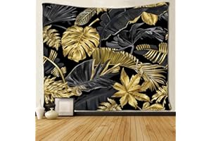 ANLAI ゴールドブラックトロピカルリーフタペストリーヤシの葉の壁掛け家の装飾のための寝室の居間 150cm x 130cm