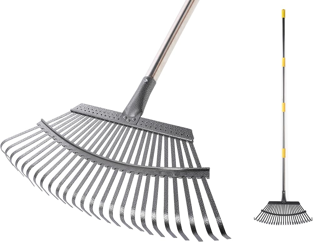 CLEANHOME レーキ ガーデンレーキ 熊手 25爪 長さ調節可能 84-171cm 落葉掃き 園芸/草刈り/芝生/庭/ガーデン掃除 | 軽量 ステンレスパイプ （ブラック）