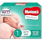 Huggies Newborn Nappies Size 1 (up to 5kg) 108 Count