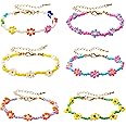 PANTIDE 6Pcs Colorful Daisy Flower Bead Bracelets Set Indie Handmade Beaded Flower Bracelets Vsco Boho Beach Summer Braided S