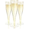 ゴールドグリッター使い捨てシャンパンフルート - 100パック - 4.5オンス クリア硬質プラスチックワイングラス パーティーやイベントに 耐久性あり 再利用可能
