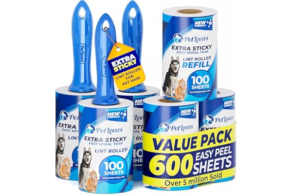 PetLovers PetLovers Extra Sticky Lint Roller Mega Value Set 600 Sheets for Pet Hair Removal, Dog and Cat Lint Remover 6 Pack