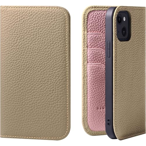 HANATORA for iPhone 13 ケース 手帳型 本革 スマホケース スマホ スタンド コードホルダー 付き シュリンクカーフレザー マグネットなし グレージュ + ピンク PH-13-Grege-PK ギフト 誕生日 女性 男性 彼女 