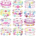 PinkSeep Beaded Bracelets for Kids- 12 Pack 36 PC, Little Girl Plastic Bracelets, Flower Butterfly Pink Bracelet, Party Favor
